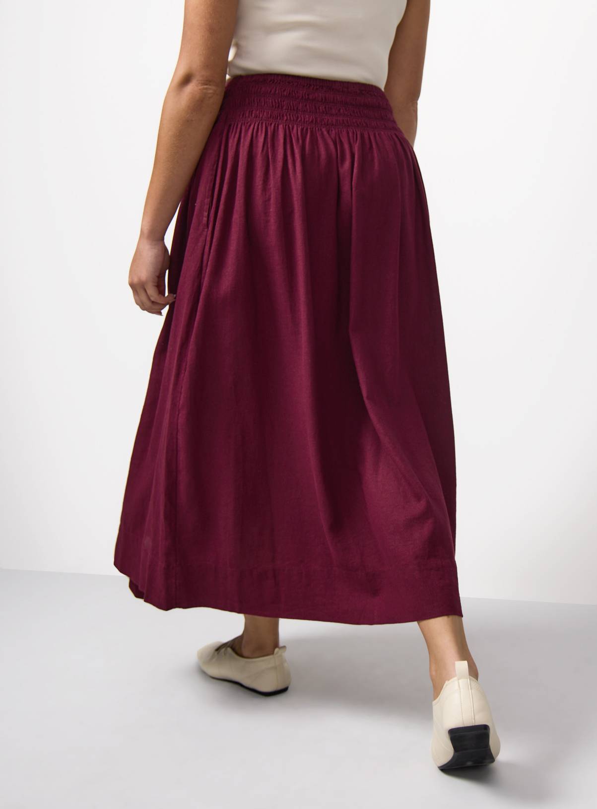 Dark Red Linen Rich Shirred Waist Midaxi Skirt 16 - Image 4
